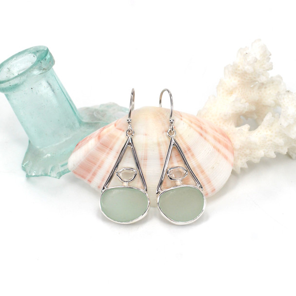 Seafoam Sea Glass and Herkimer Diamond Double Lunar Drop Earrings