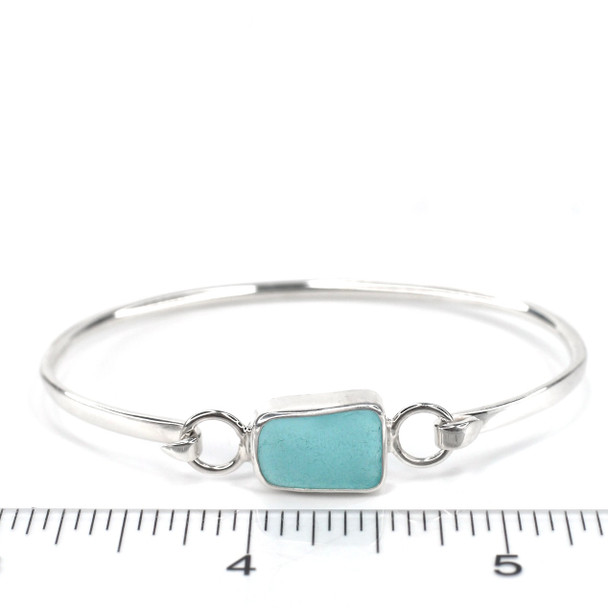 Aqua Rectangle Sea Glass Bezel Bangle Bracelet on ruler for size reference.
