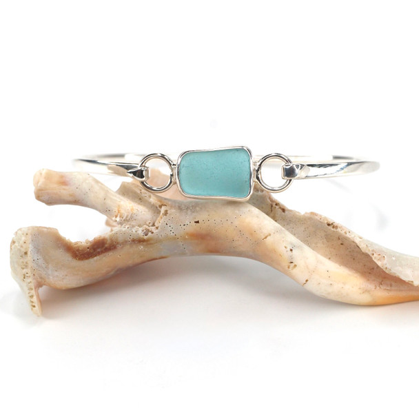 Aqua Rectangle Sea Glass Bezel Bangle Bracelet