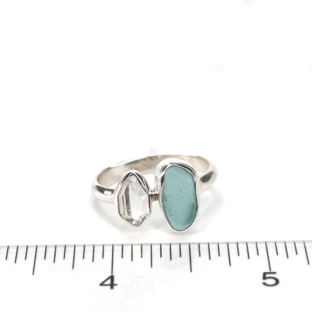 Aqua Allure Sea Glass and Herkimer Diamond Double Ring - Size 9 on ruler for size reference.