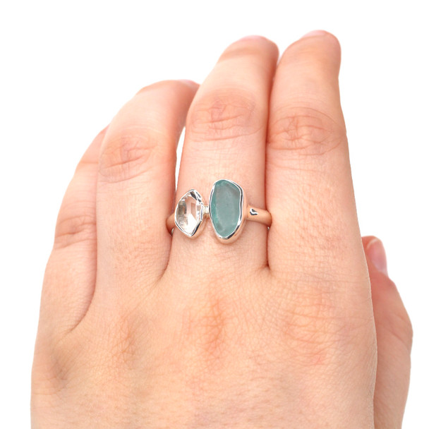 Aqua Allure Sea Glass and Herkimer Diamond Double Ring - Size 9 on model for color reference.