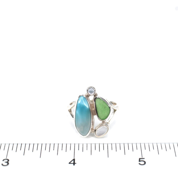Green Sea Glass Larimar and Pearl Mosaic Split Band Ring - Size 9 on ruler for size reference.