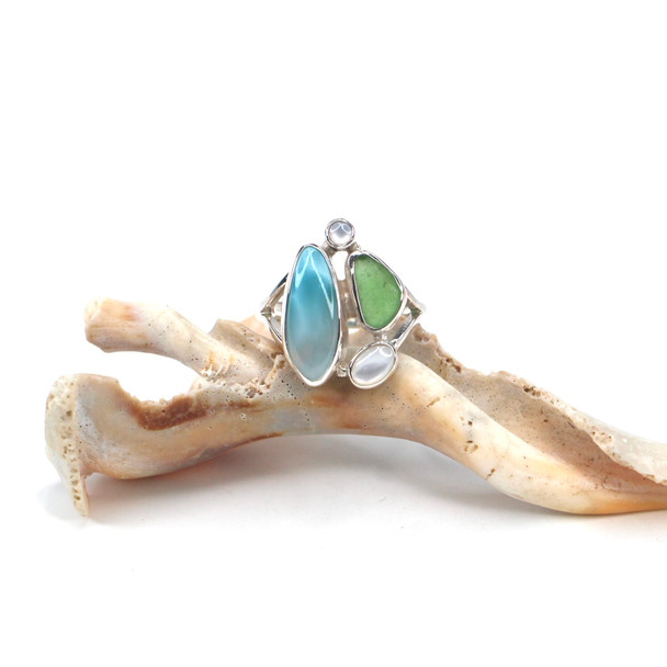 Green Sea Glass Larimar and Pearl Mosaic Split Band Ring - Size 9