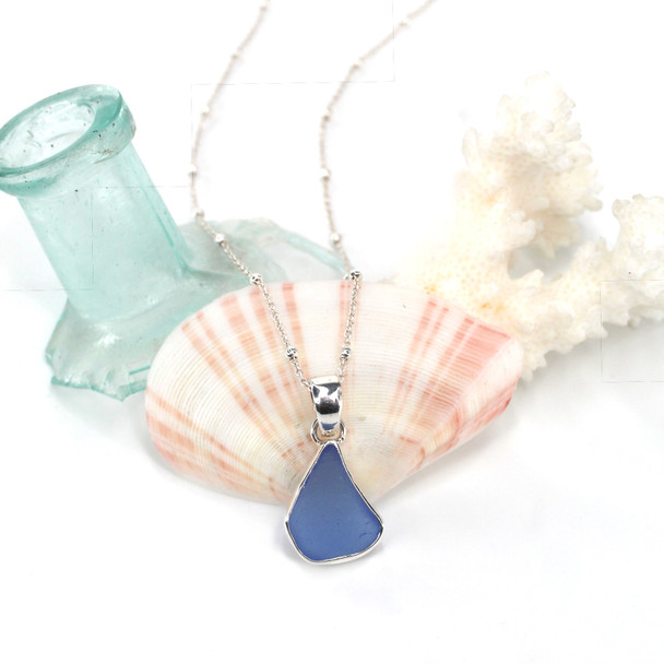 Cornflower Triangle Sea Glass Single Bezel Necklace
