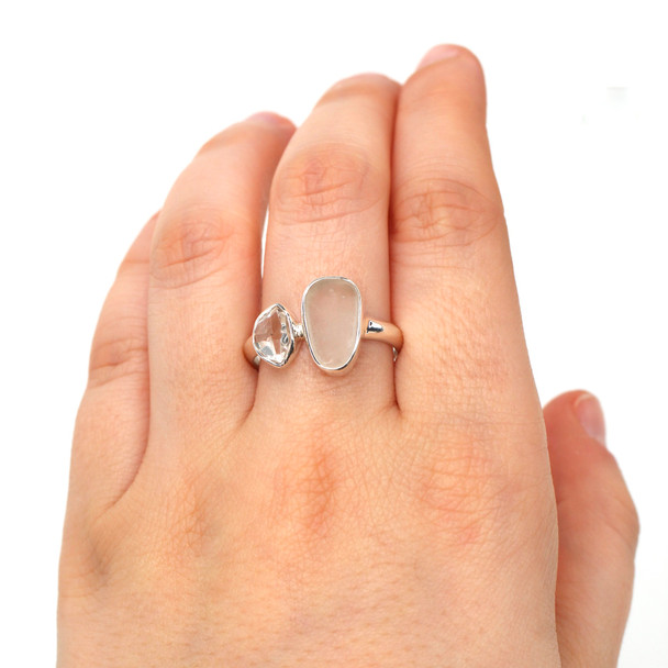 White Elongated Sea Glass and Herkimer Diamond Double Ring - Size 9 on model for color reference.
