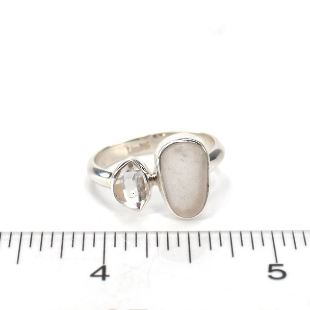 White Elongated Sea Glass and Herkimer Diamond Double Ring - Size 9 on ruler for size reference.