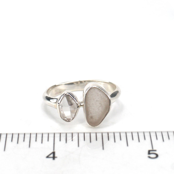 White Droplet Sea Glass and Herkimer Diamond Double Ring - Size 9 on ruler for size reference.