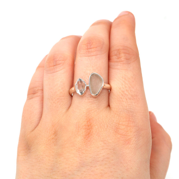 White Droplet Sea Glass and Herkimer Diamond Double Ring - Size 9 on model for color reference.