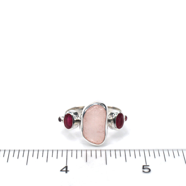 Pink Sea Glass and Ruby 5 Stone Ring - Size 9 on ruler for size reference.