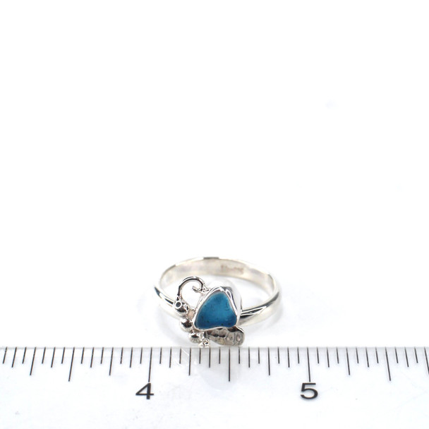 Turquoise Azure Waters Ultra Rare Sea Glass Butterfly Ring - Size 9 on ruler for size reference.