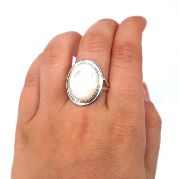 Mother of Pearl Double Bezel Ring - Size 9 on model for color reference.