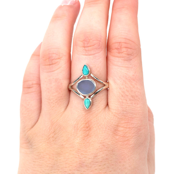 Cornflower Perfect Oval Sea Glass and Turquoise Teardrop Ring - Size 9 on model for color reference. 