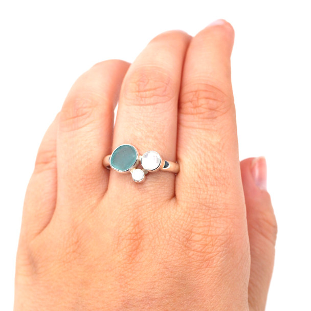 Aqua Sea Glass and Mother of Pearl Costal Trio Ring - Size 9 on model for color reference.