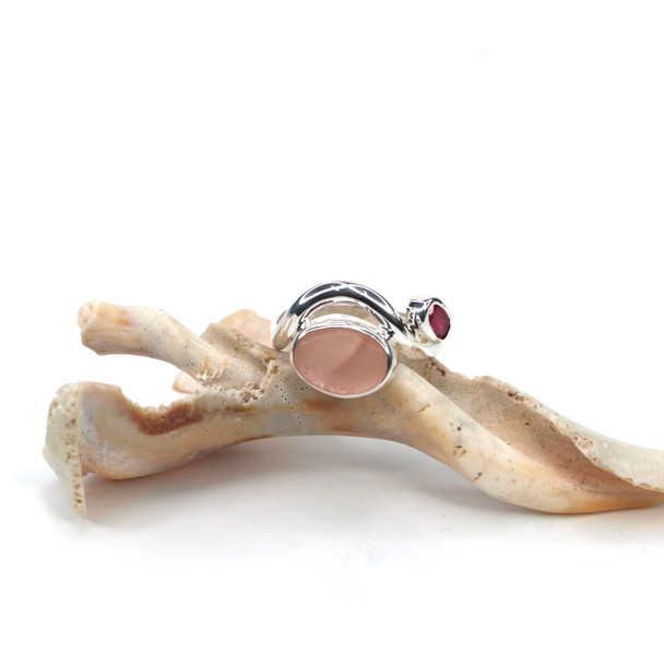 Pink Sea Glass and Ruby Surf Ring - Size 9