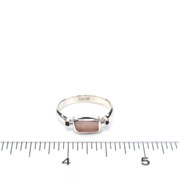 Pink Sea Glass and Ruby Simple Ring - Size 9 on ruler for size reference.