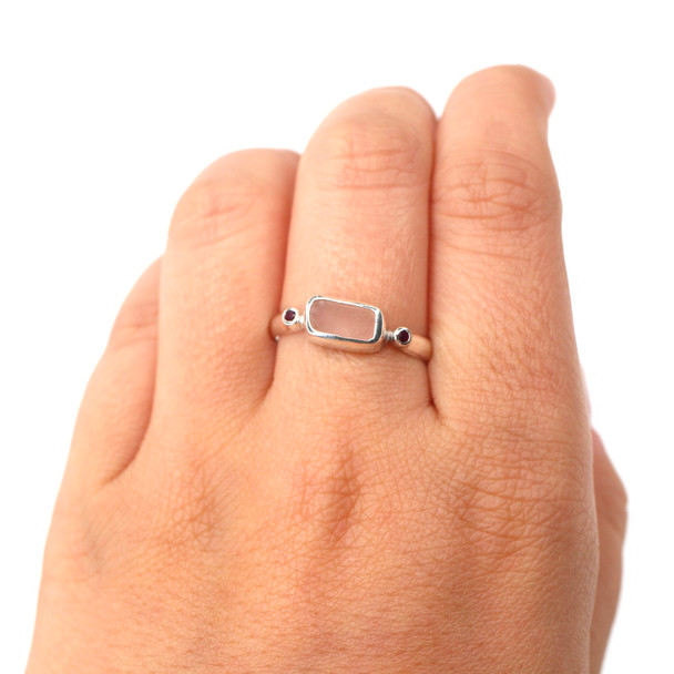 Pink Sea Glass and Ruby Simple Ring - Size 9 on model for color reference.