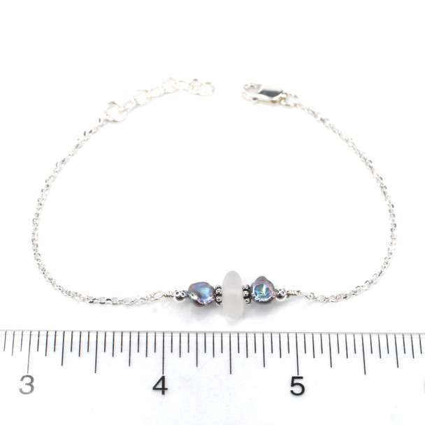White Sea Glass and Dainty Peacock Pearl Bracelet on ruler for size reference.