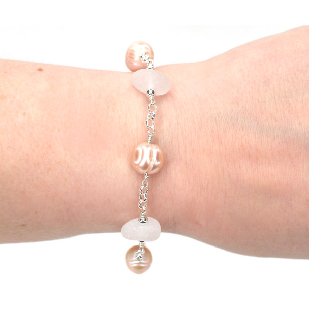 White Sea Glass and Pink Pearl Bracelet on model for color reference.