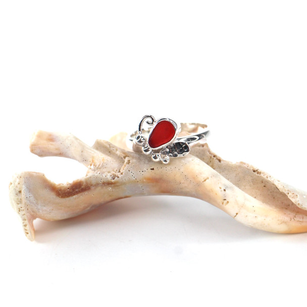 Red Oval Sea Glass Butterfly Ring - Size 9