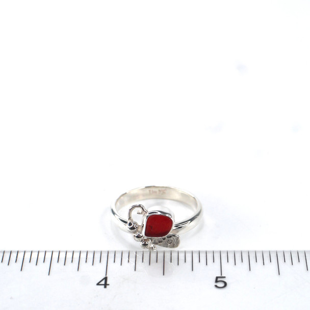 Red Diamond Sea Glass Butterfly Ring - Size 9 on ruler for size reference.