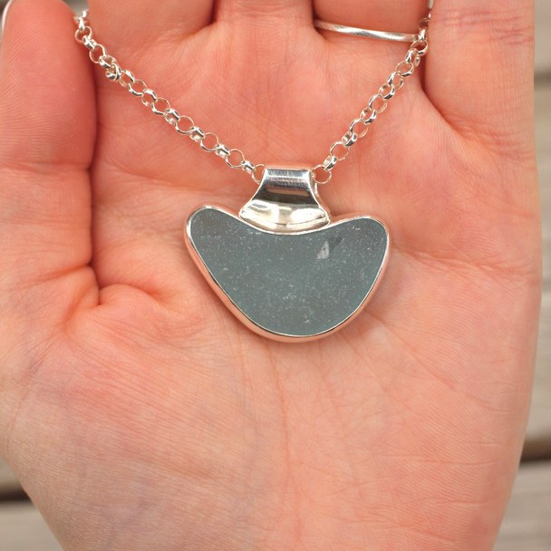 Insta Sale - Aqua Sea Glass Smile Horizon Slide Bail Necklace - MM on model for color reference. 