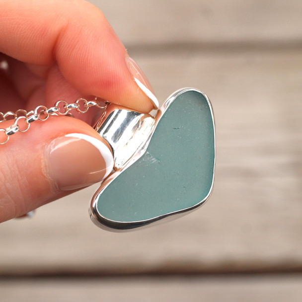 Insta Sale - Aqua Sea Glass Pointed Heart Horizon Slide Bail Necklace -  MM on model for closer look. 