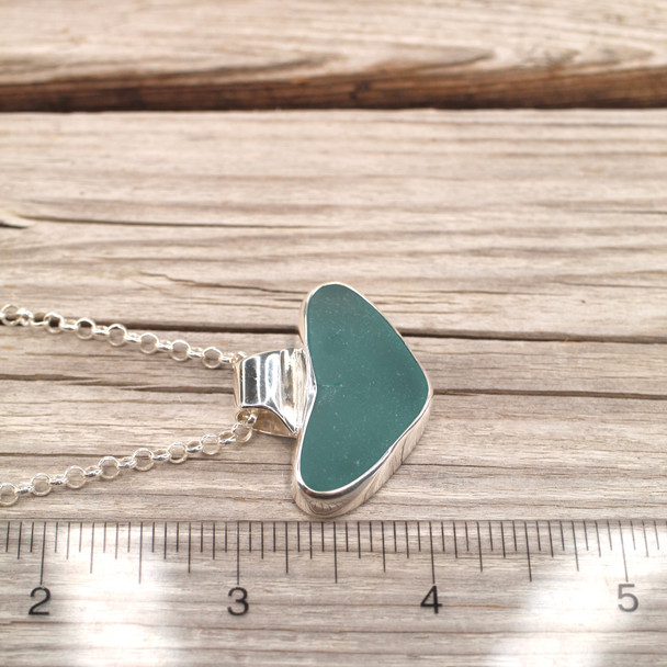 Insta Sale - Aqua Sea Glass Pointed Heart Horizon Slide Bail Necklace -  MM on ruler for size reference. 