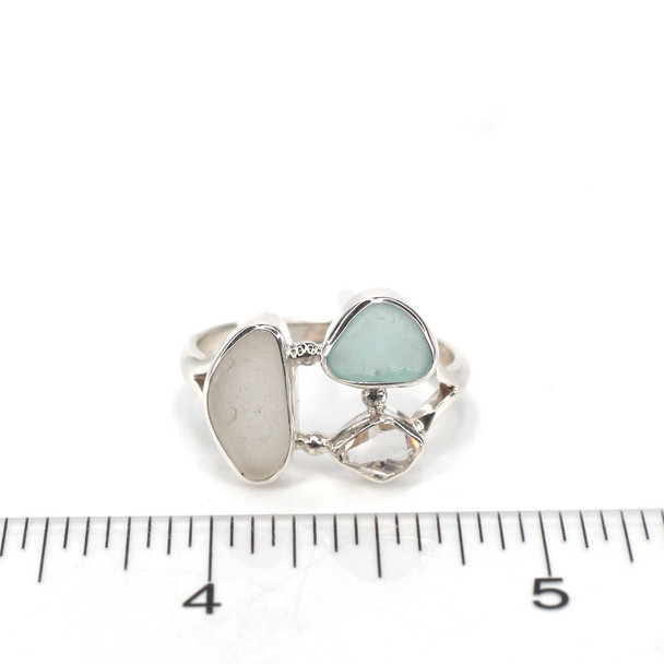 Aqua and White Sea Glass and Herkimer Diamond Trio Ring - Size 9 on ruler for size reference.