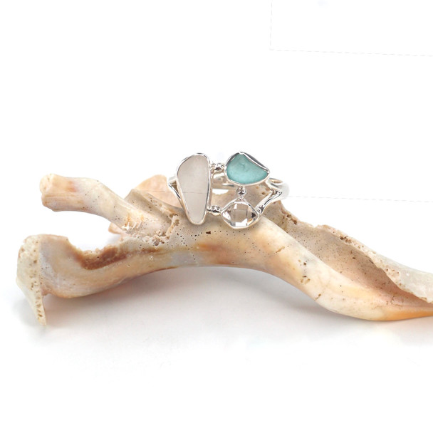 Aqua Bright and Snow White Sea Glass and Herkimer Diamond Trio Ring - Size 9
