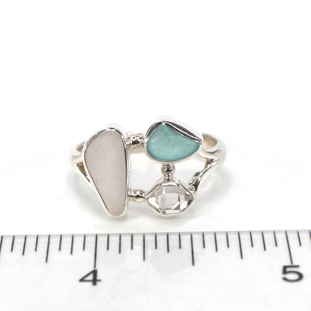 Aqua Bright and Snow White Sea Glass and Herkimer Diamond Trio Ring - Size 9 on ruler for size reference.