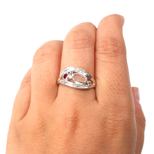 Pink Oval Sea Glass and Ruby Wavy Ring - Size 9 on model for color reference.