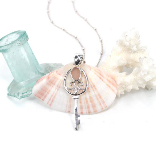 Pink Petal Sea Glass and Rose Quartz Oval Key Necklace
