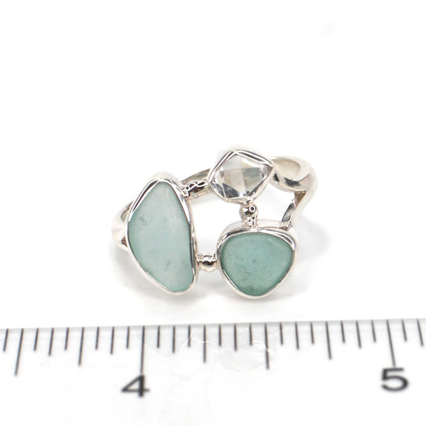 Aqua Ombre Sea Glass and Herkimer Diamond Trio Ring - Size 9 on ruler for size reference.