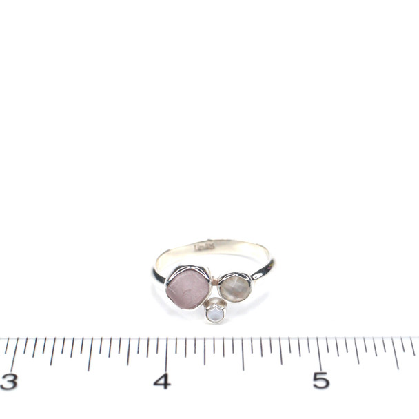 Pink Sea Glass and Mother of Pearl Costal Trio Ring - Size 9