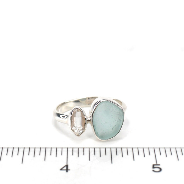 Aqua Oasis Sea Glass and Herkimer Double Ring - Size 9 on ruler for size reference.