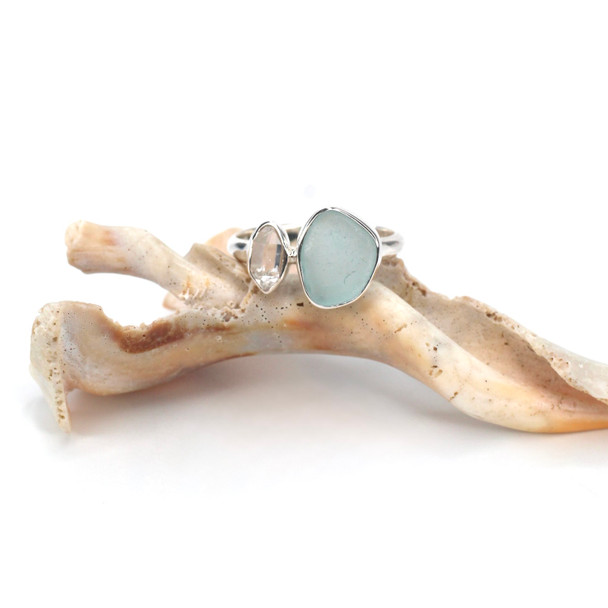 Aqua Oasis Sea Glass and Herkimer Double Ring - Size 9