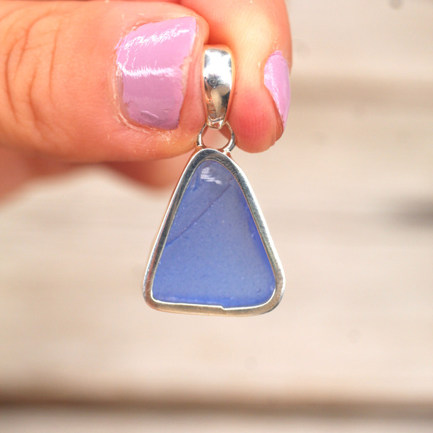 Insta Sale Cornflower Triangle Sea Glass Bezel Necklace - MM on model 