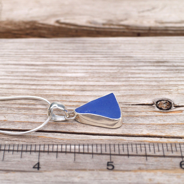 Insta Sale Cornflower Triangle Sea Glass Bezel Necklace - MM on ruler for size reference. 