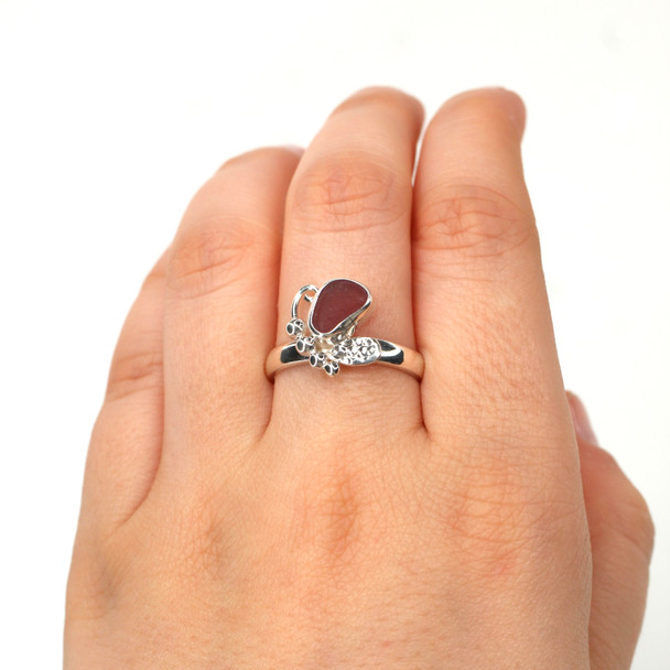 Perfectly Purple Sea Glass Butterfly Ring - Size 9 on model for color reference.
