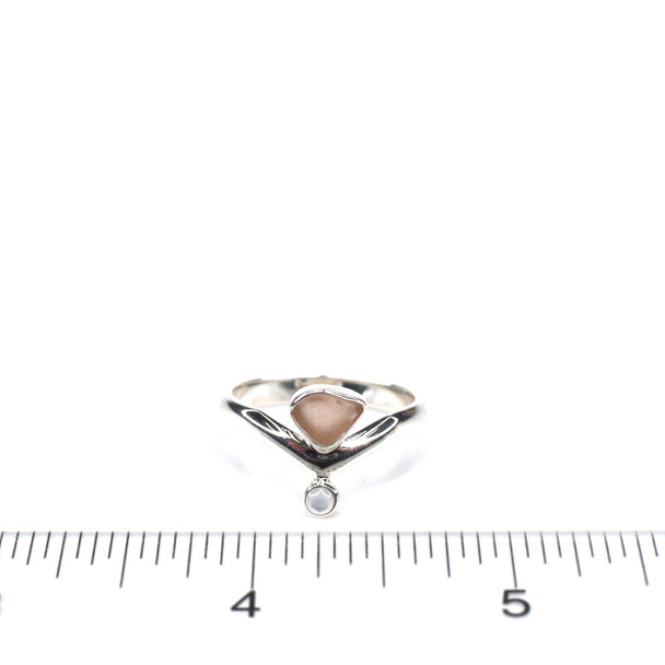 Pink Sea Glass and Mother of Pearl Coastal Balance Ring - Size 9 on ruler for size reference.