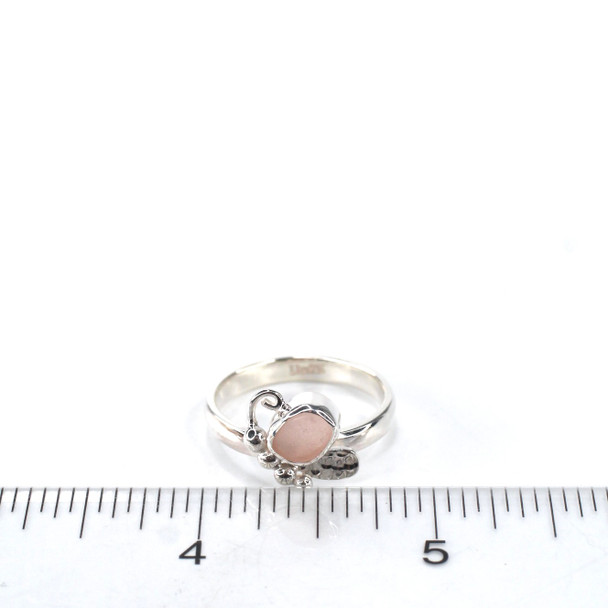 Pink Rounded Sea Glass Butterfly Ring - Size 9 on ruler for size reference.