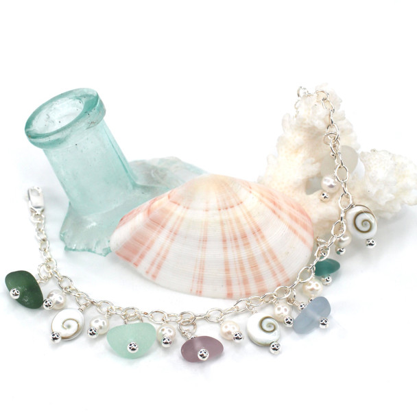 Lavender Icy Blues Sea Glass and Shiva Shell Charm Bracelet