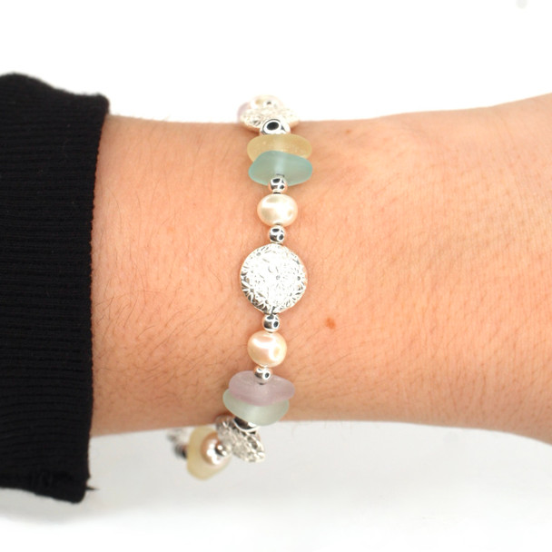 Pastel Bright Sea Glass Shimmer Beaded Bracelet on model for color reference.