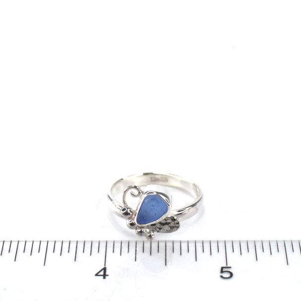Cornflower Medium Sea Glass Butterfly Ring - Size 9 on ruler for size reference.