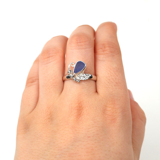Cornflower Medium Sea Glass Butterfly Ring - Size 9 on model for color reference.