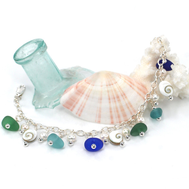 Olive Tropical Sea Glass and Shiva Shell Charm Bracelet