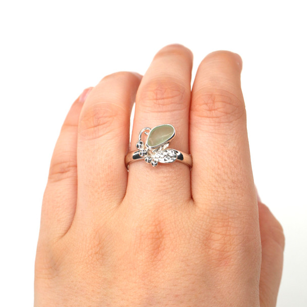 Seafoam Sea Glass Butterfly Ring - Size 9 on model for color reference.