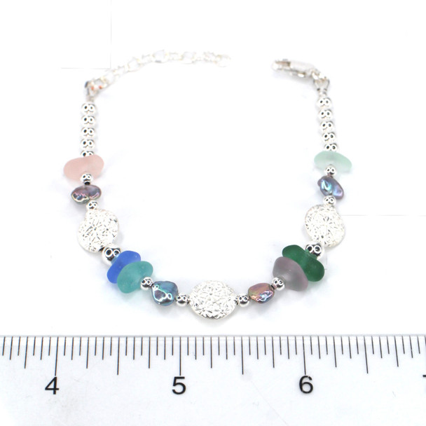 Lavender Berry Blues Sea Glass Shimmer Beaded Bracelet on ruler for size reference.