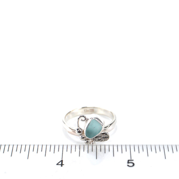 Aqua Bright Sea Glass Butterfly Ring - Size 9 on ruler for size reference.