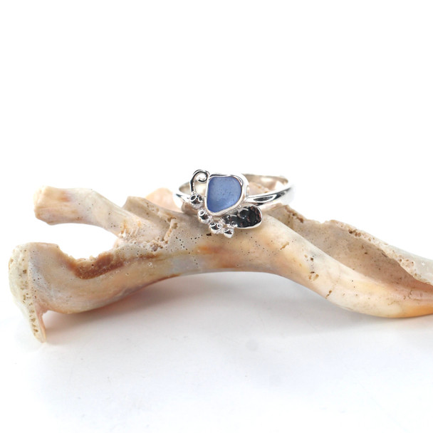 Cornflower Smooth Sea Glass Butterfly Ring - Size 9